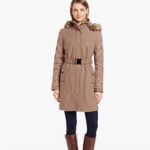 Kenneth Cole New York Tan Funnel Neck Coat with Quilted Sleeves